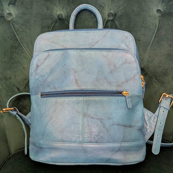 ili New York Jeans Blue Distressed Leather Backpack LNWOT - Picture 1 of 8
